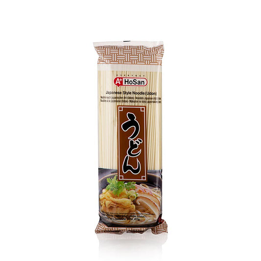 Udon noedels - tarwenoedels, lichtgekleurd, plat, 2mm, 22cm lang, A+, Japan, 453 g Illustratie van een pakket Japanse udon noedels gemaakt van tarwe, 453 gram
