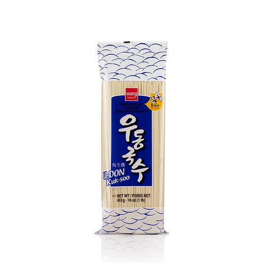 453g package of Wang brand Korean udon noodles, made with light-colored wheat, flat, 2mm thick, and 21cm long
