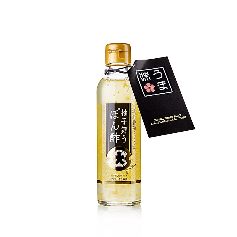Clear 200 ml bottle of Fundodai Crystal Ponzu Sauce, a Japanese soy sauce with yuzu flavor, heldere sojasaus met yuzu, perfect for enhancing the taste of a variety of dishes