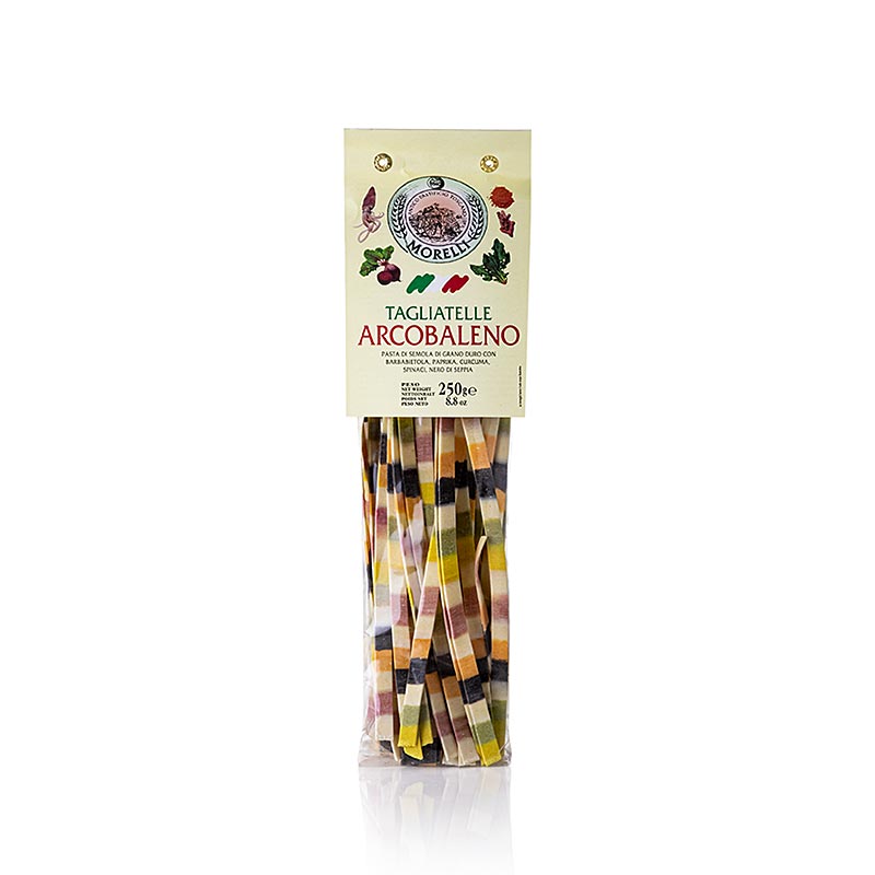 Regenboogkleurige Tagliatelle Arcobaleno van Morelli 1860, 250 g verpakt product