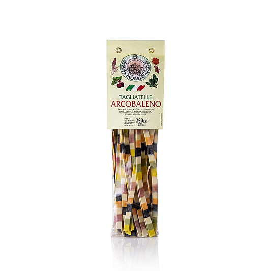 Regenboogkleurige Tagliatelle Arcobaleno van Morelli 1860, 250 g verpakt product