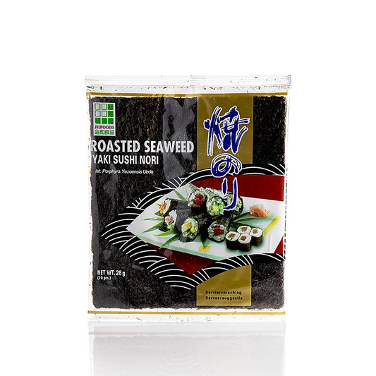Pack of 10 sheets of 28g JHFOODS roasted dried seaweed, Yakinori hele maat