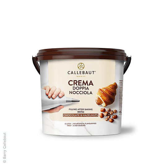 Crema - Doppia Nocciola, geroosterde hazelnoot, Callebaut (FNN?S1835?651), 5 kg is een productafbeelding van een 5 kg verpakking van de heerlijke en romige dubbele hazelnootpasta, gemaakt met geroosterde hazelnoten van Callebaut