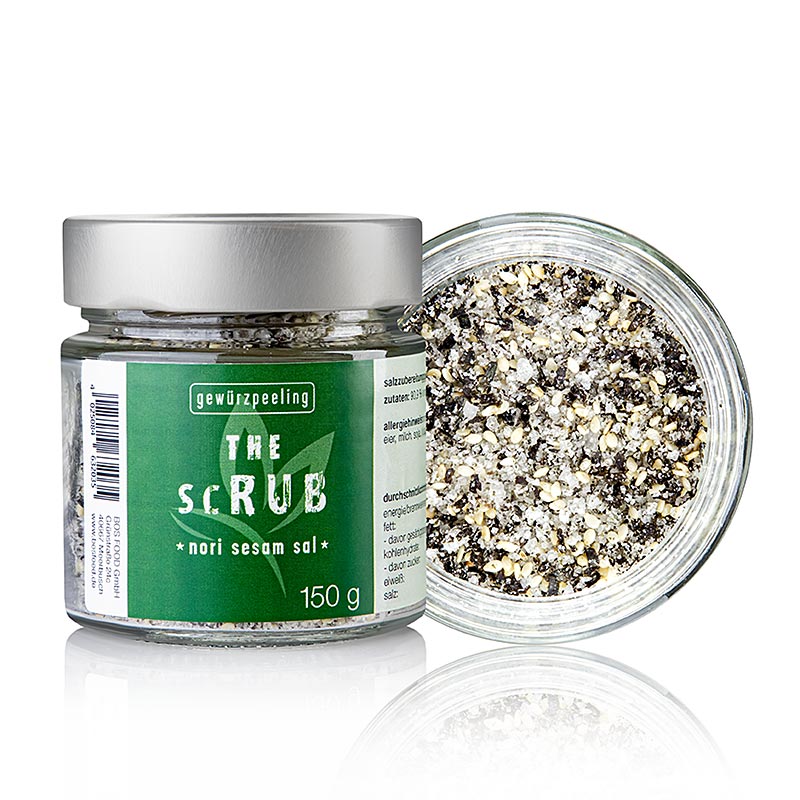 Close-up image of Serious Taste de struikgewas - Nori Sesam product packaging, 150g, with focus on the detailed label and ingredients list, showcasing the high-quality and natural ingredients used in the product