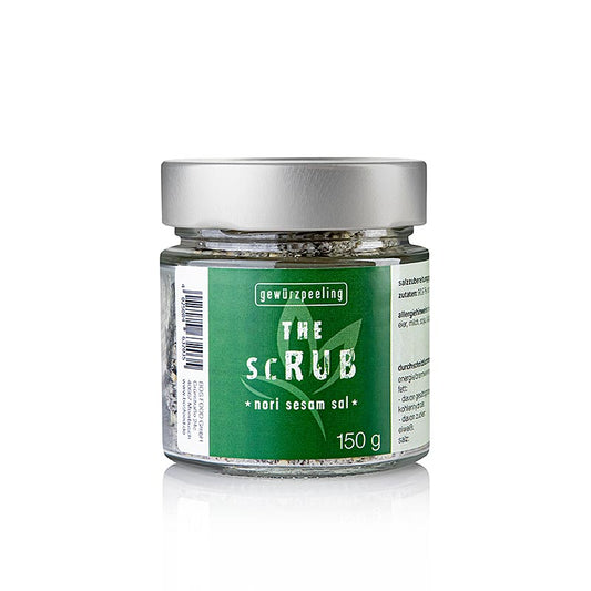 Aerial view of Serious Taste de struikgewas - Nori Sesam product, 150g, beautifully arranged on a wooden table, with sesame seeds and nori seaweed clearly visible, highlighting the nutritious and flavorful characteristics of the product