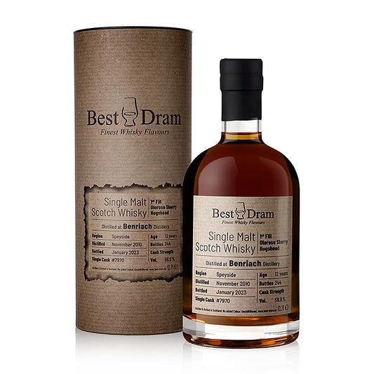 Single Malt Whisky Benriach 2010/2023 Beste Dram Oloroso Speyside, 56,9 vol%, 700 ml bottle with elegant label and golden color liquid 