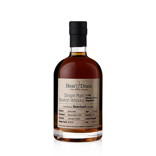  Close up of Single Malt Whisky Benriach 2010/2023 Beste Dram Oloroso Speyside, 56,9 vol%, 700 ml bottle showing intricate details and rich color