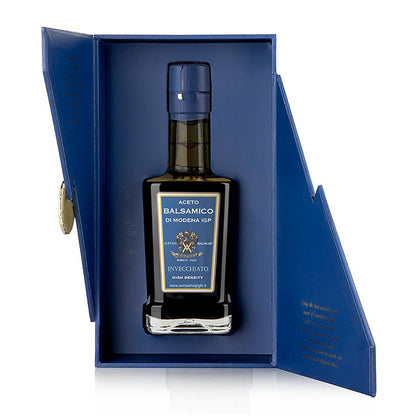 Aceto Balsamico di Modena DOP/PDO, 3 jaar, Invecchiato, Malpighi, 250 g fles met zwarte dop en gouden etiket