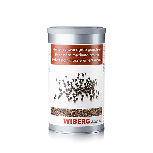 Large 580g Wiberg zwarte peper (black pepper), coarsely ground product packaging