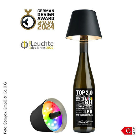 Black plastic table lamp TOP 20 for bottles, with rechargeable battery, measuring 11x125cm, product code 72520, 1 piece