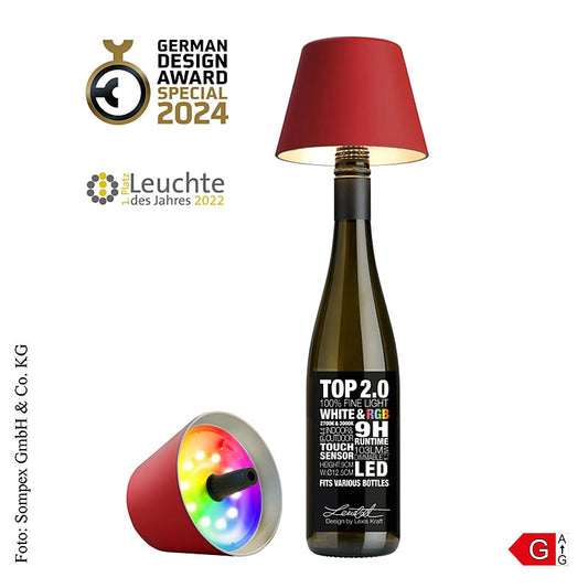 Red plastic table lamp with rechargeable battery, designed for bottles, 11x125cm (72530)