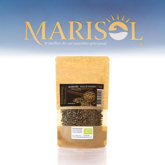 Tellicherry peper, grof gemalen, navulpak voor keramiek, Marisol, biologisch, 70 g - Afbeelding van biologische Tellicherry peper in een navulpak van 70 gram, grof gemalen voor gebruik in keramische molens van het merk Marisol