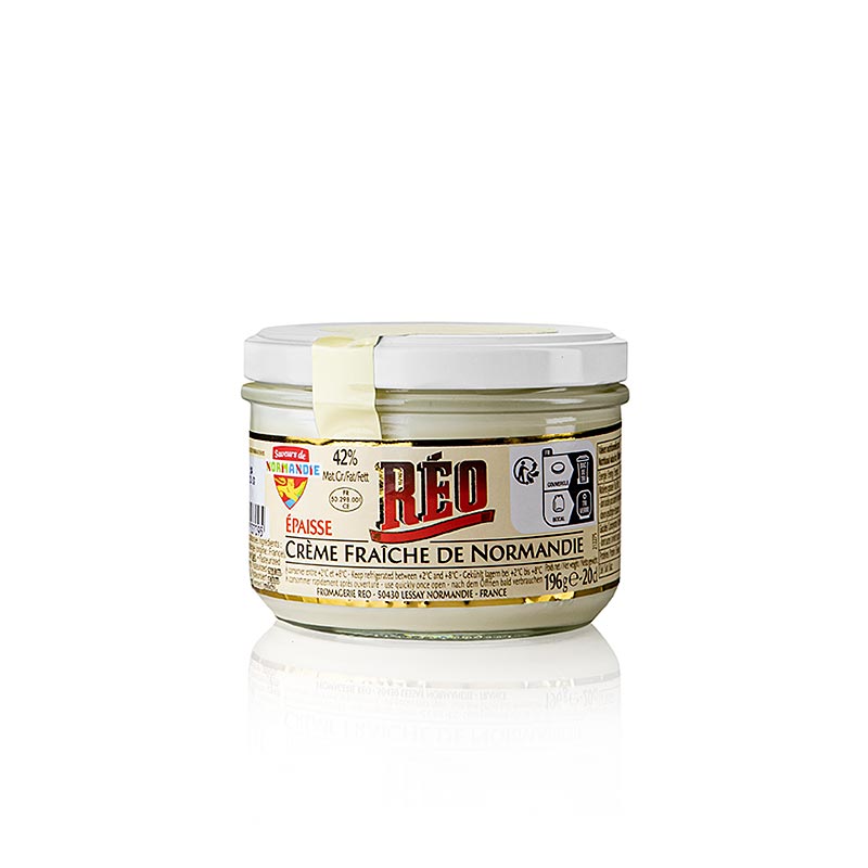 Creamy and rich Crème fraîche from Normandy, with 42% fat content, in a 196g container by RÉO
