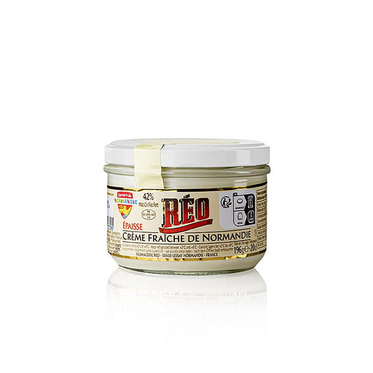 Creamy and rich Crème fraîche from Normandy, with 42% fat content, in a 196g container by RÉO