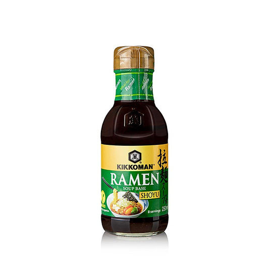 Kikkoman Ramen Soep Basis Shoyu, een veganistische Japanse soep in een fles van 250 ml
