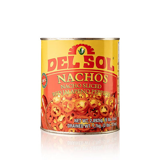 Spaanse peper jalapenos, rood, gesneden, Del Sol, 289 kg - grote voorraadverpakking van ingelegde rode gesneden jalapeno pepers