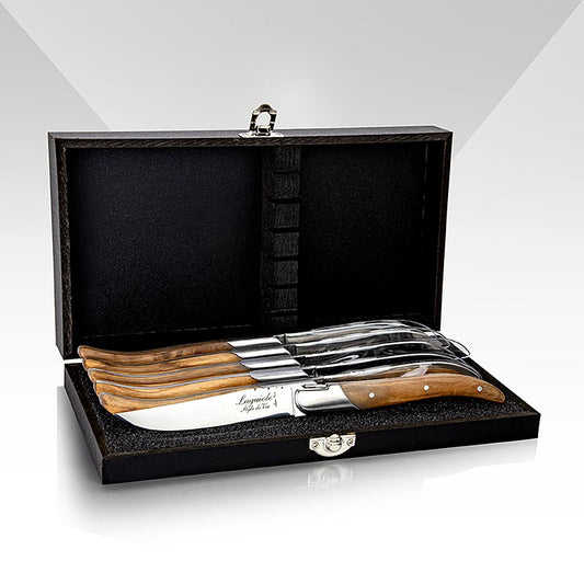 Steakmessenset van 6 stuks, olijfhouten handvat, zilver, houten doos, Laguiole, 6 st