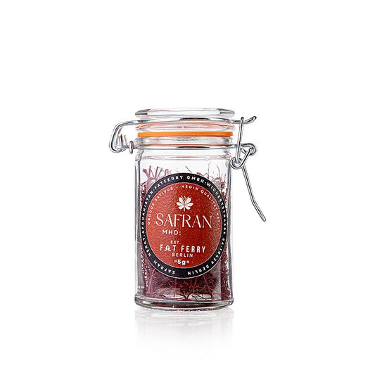 Alt text: Saffraandraadjes, FatFerry, 5 g product image showing high-quality saffron threads in packaging for culinary use