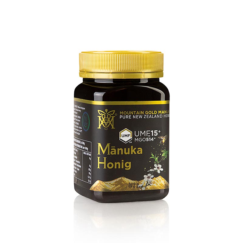Manuka honing, UMF gecertificeerd, 15+, MGM Nieuw-Zeeland, 500 g - natuurlijke honing uit Nieuw-Zeeland met hoogwaardige UMF-certificering en een potentie van 15+, verpakt in een 500 g pot