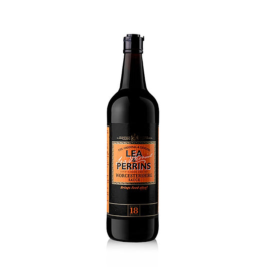 Worcestershire sauce bottle, Lea & Perrins brand, 568 ml size, rich, tangy, and savory flavor