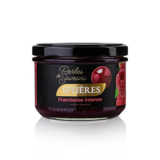 Close-up of 20mm spherical Intensief framboos fruit caviar balls by Perles de Saveurs, 220g, approximately 30 pieces, in a clear container
