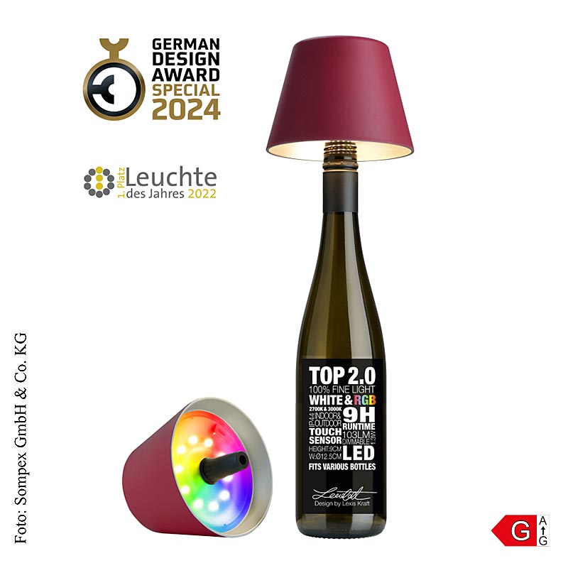 Tafellamp "TOP2.0", voor flessen, met accu, 11x12,5 cm, kunststof, bordeaux 72524, 1 stuk