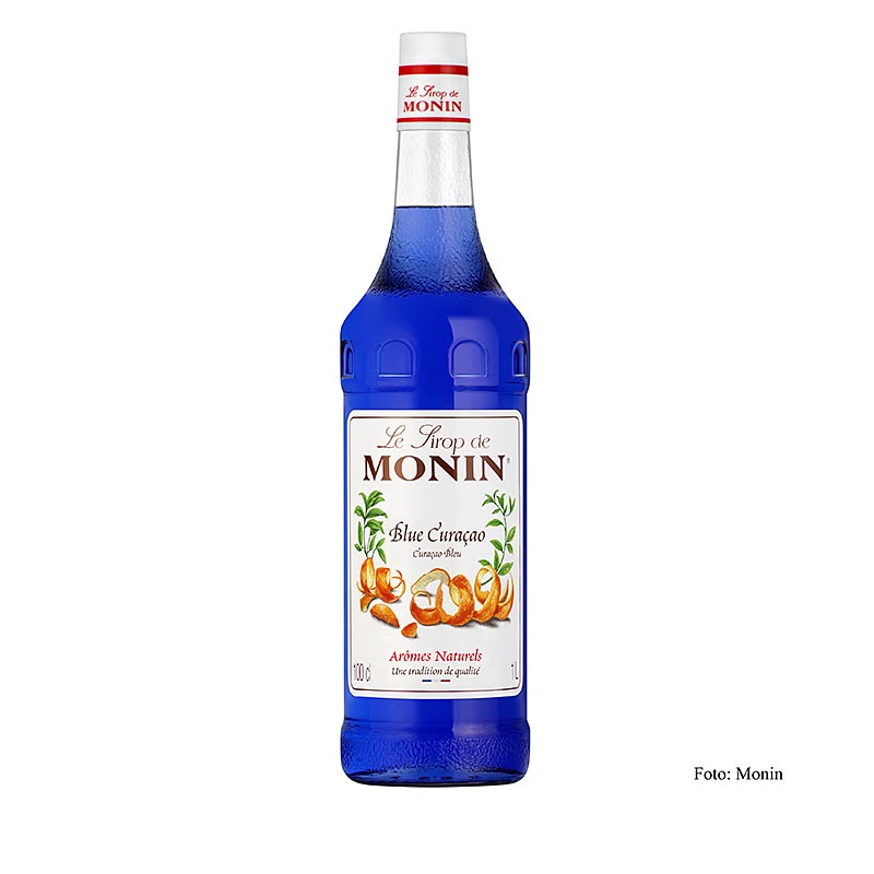 Monin Curacao Blauwe Siroop, 1 liter - Een fles van Monin Curacao Blauwe Siroop, een heerlijke en verfrissende siroop met een inhoud van 1 liter