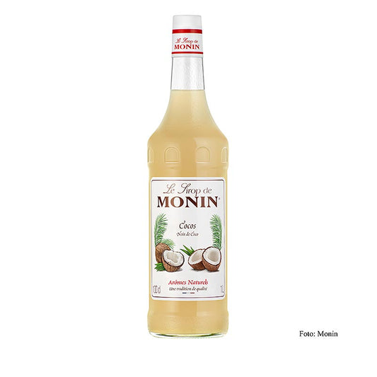 A 1-liter bottle of Monin kokossiroop 1:8, a delicious coconut syrup with a rich and creamy flavor, perfect for adding tropical sweetness to beverages and desserts