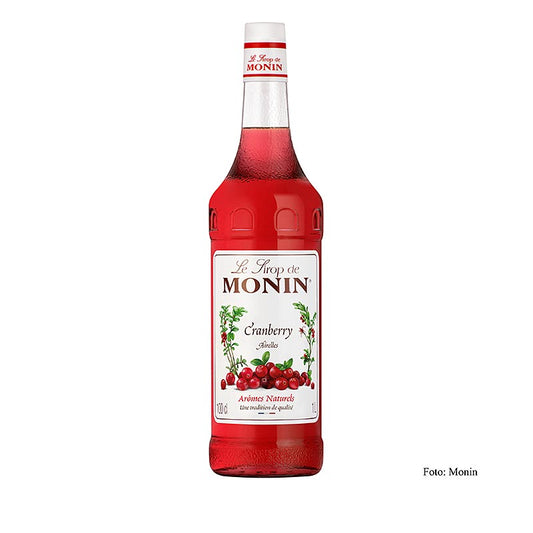 Monin Veenbessensiroop 1:8, 1 liter - Een fles Monin veenbessensiroop van 1 liter, met een verhouding van 1:8