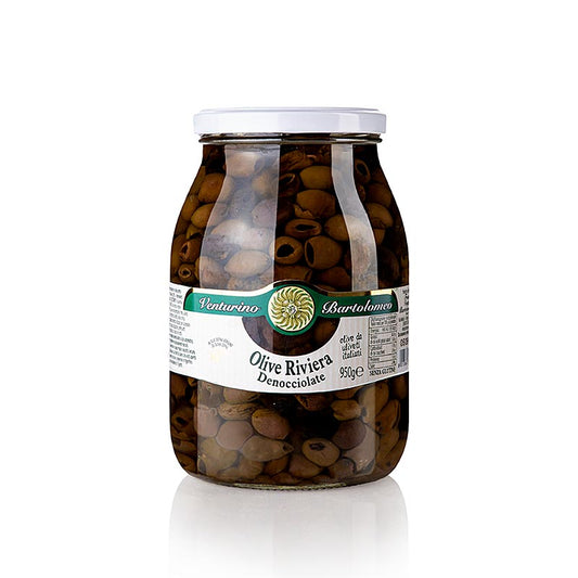 Venturino Denocciolate Riviera olijven in olijfolie, zonder pit, 950 g, perfecte toevoeging aan salades, pizza's en antipasti