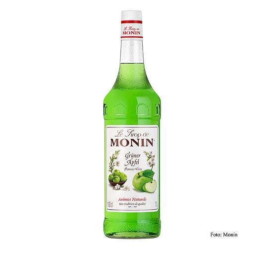 A 1 liter bottle of Monin Groene Appelstroop 1:8, a delicious green apple syrup perfect for culinary and beverage creations