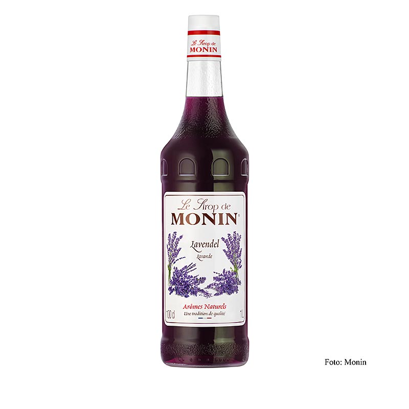 A 1 liter bottle of Monin lavendelsiroop 1:8, a delicious and versatile lavender syrup