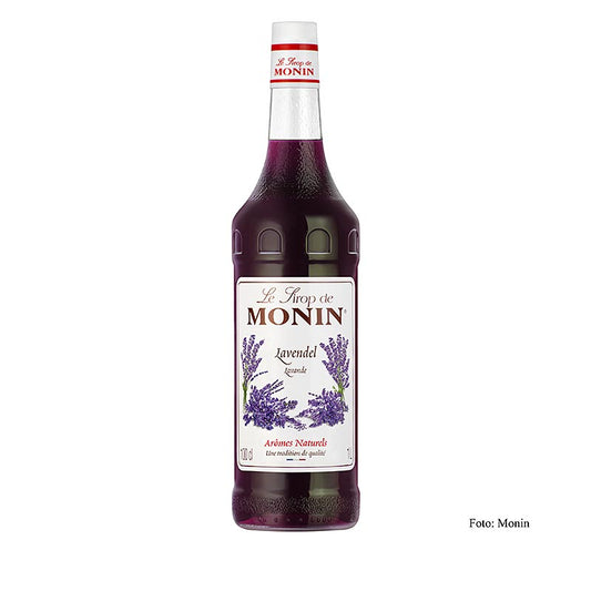 A 1 liter bottle of Monin lavendelsiroop 1:8, a delicious and versatile lavender syrup