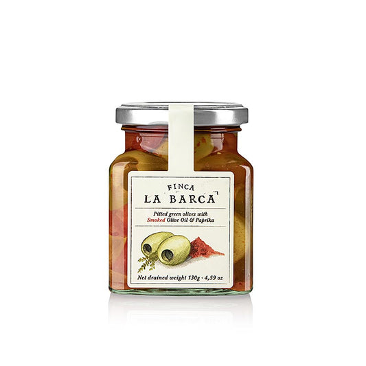 Groene olijven, zonder pit, met gerookte paprika, Finca La Barca, 130 g