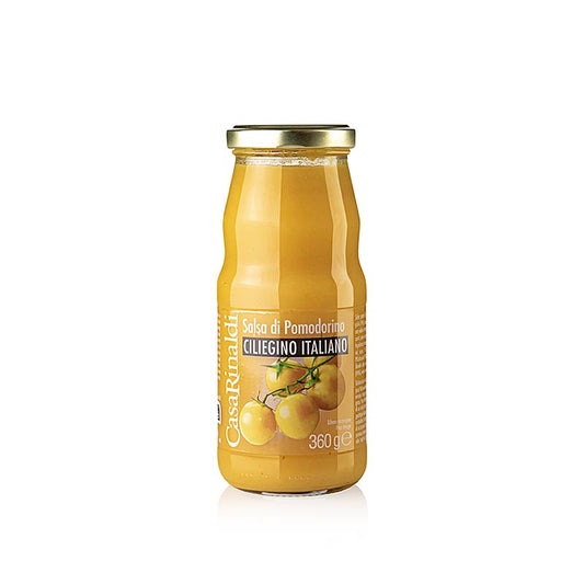 360g jar of Casa Rinaldi's yellow cherry tomato sauce, perfect for pasta dishes and homemade pizzas