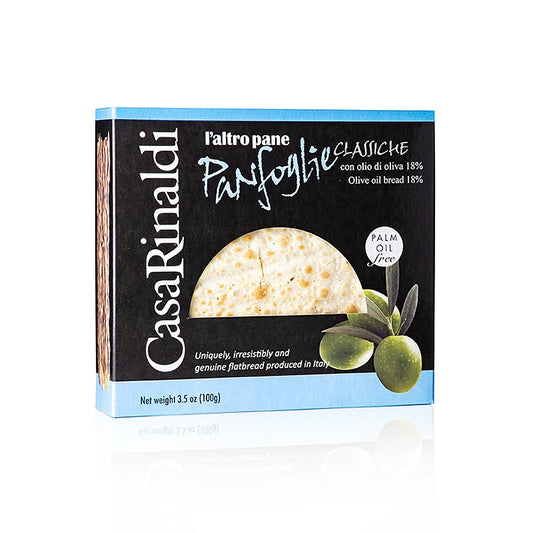 Panfoglie Classiche, a 100g package of Casa Rinaldi's crispy cookies made with olive oil