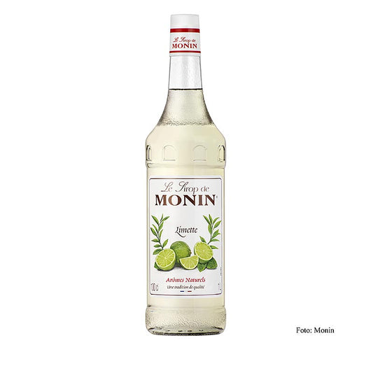 Monin 1 liter green lime syrup, made from fresh green limes in 1:8 ratio for cocktails and beverages