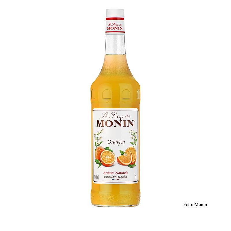 A 1-liter bottle of Monin sinaasappelsiroop 1:8, a delicious orange syrup perfect for adding flavor to beverages and cocktails
