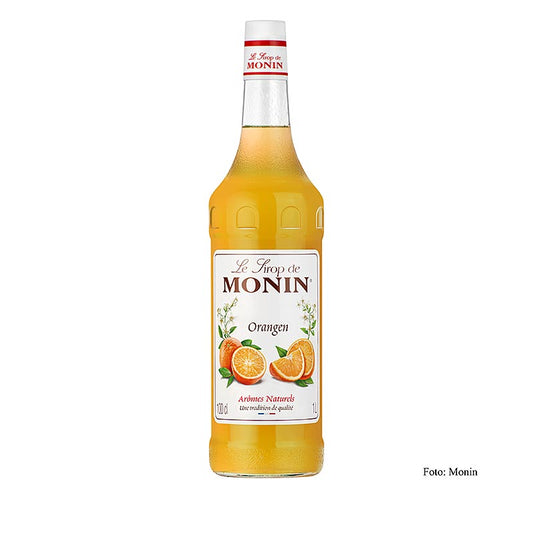 A 1-liter bottle of Monin sinaasappelsiroop 1:8, a delicious orange syrup perfect for adding flavor to beverages and cocktails