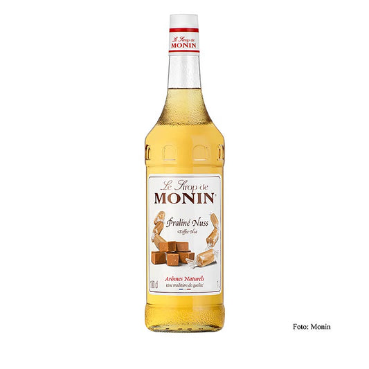 A glass bottle of Monin Praliné-notenstroop 1:8, 1 liter, with rich, syrupy texture and nutty aroma, perfect for enhancing desserts and beverages