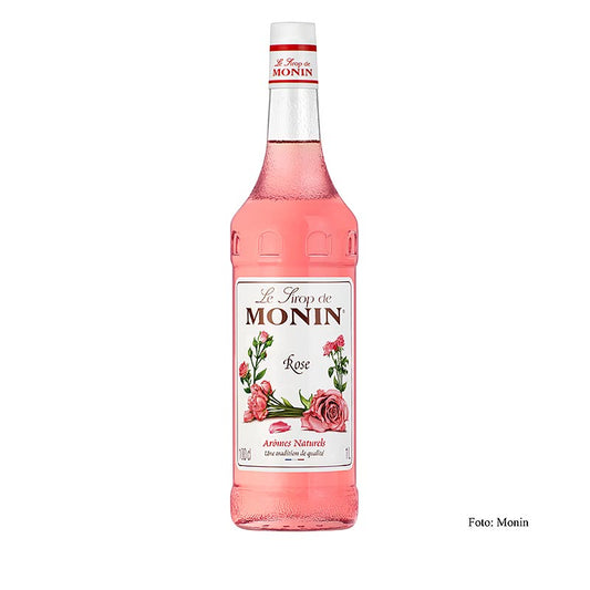 A 1 liter bottle of Monin Rozenstroop 1:8, a delicious and versatile syrup ideal for flavoring beverages and desserts