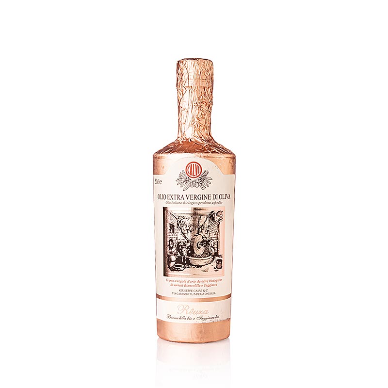 Organic 500 ml Rêuza Calvi Extra Virgin Olive Oil in Liguria, wrapped in luxurious rose gold foil packaging