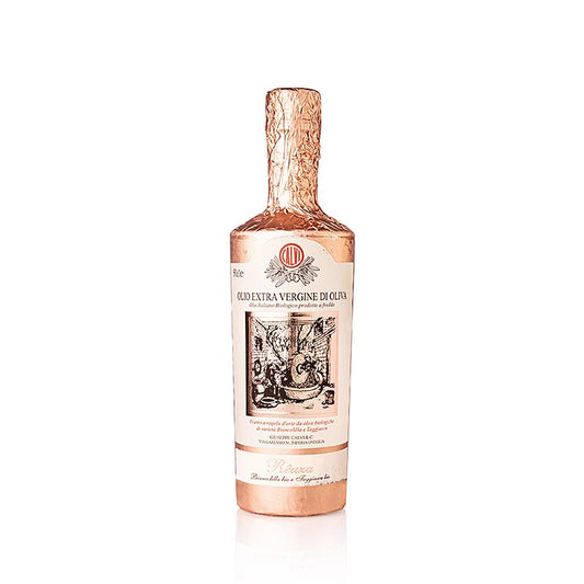 Organic 500 ml Rêuza Calvi Extra Virgin Olive Oil in Liguria, wrapped in luxurious rose gold foil packaging
