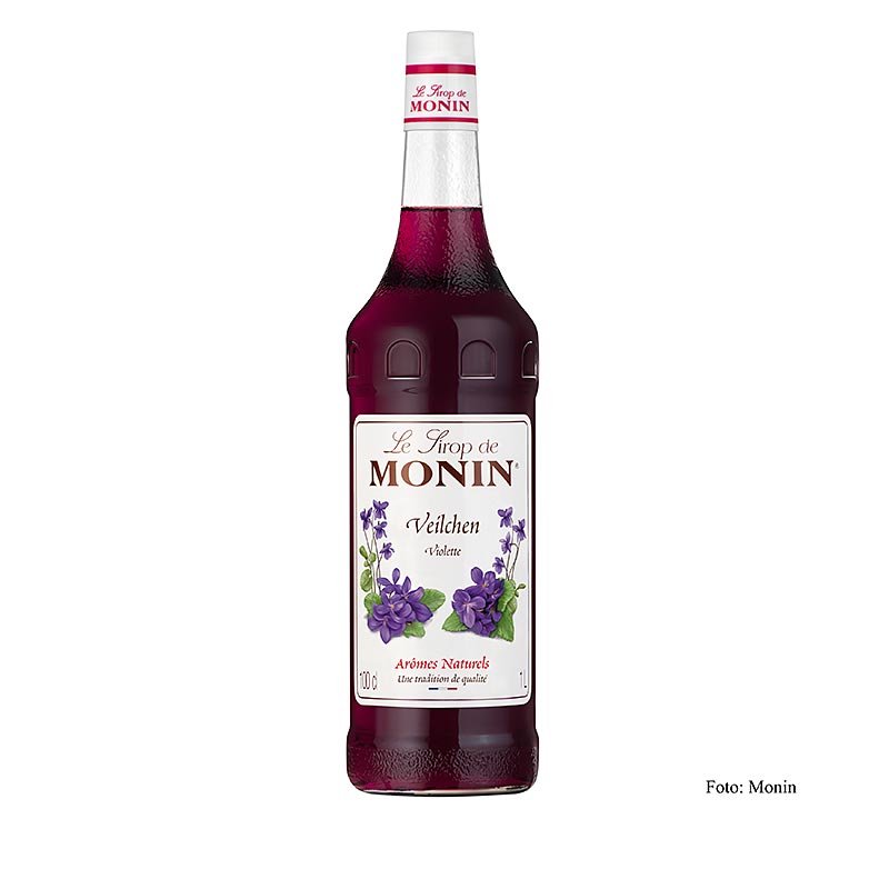 A 1-liter bottle of Monin Violette (viooltjes) syrup with a 1:8 concentration ratio
