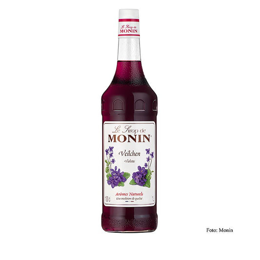 A 1-liter bottle of Monin Violette (viooltjes) syrup with a 1:8 concentration ratio