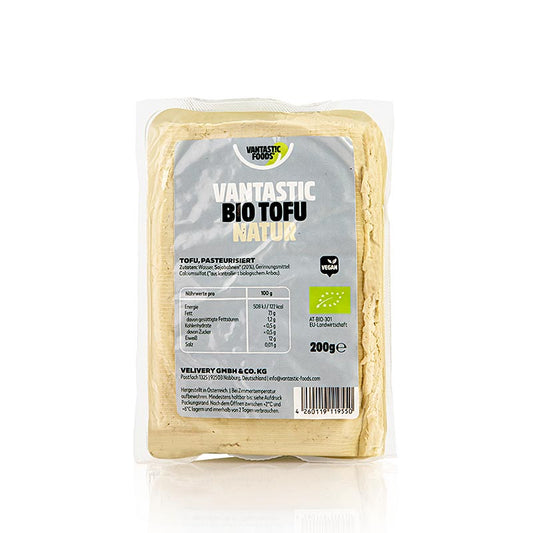 A photo of a 200g package of firm, natural, and fantastic organic tofu