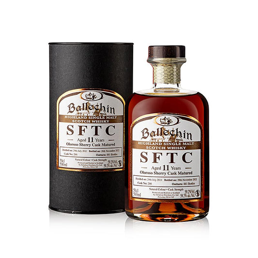 Image of 500 ml bottle of Ballechin SFTC Oloroso Cask, 11-year-old single malt whisky from Highland, with 592% alcohol by volume
