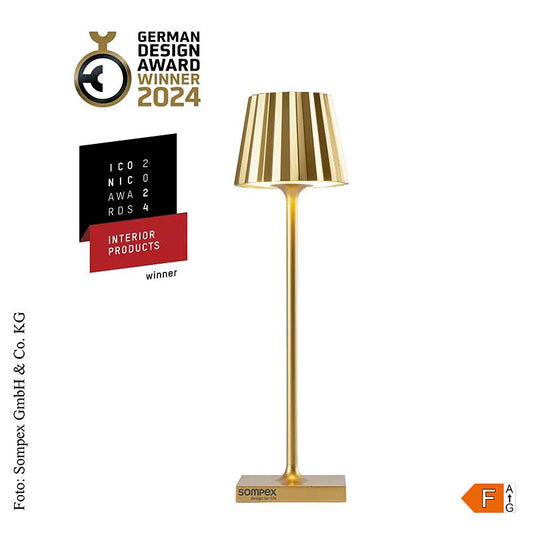 Outdoor TROLL NANO rechargeable battery-powered table lamp in gold aluminum, 21x6cm