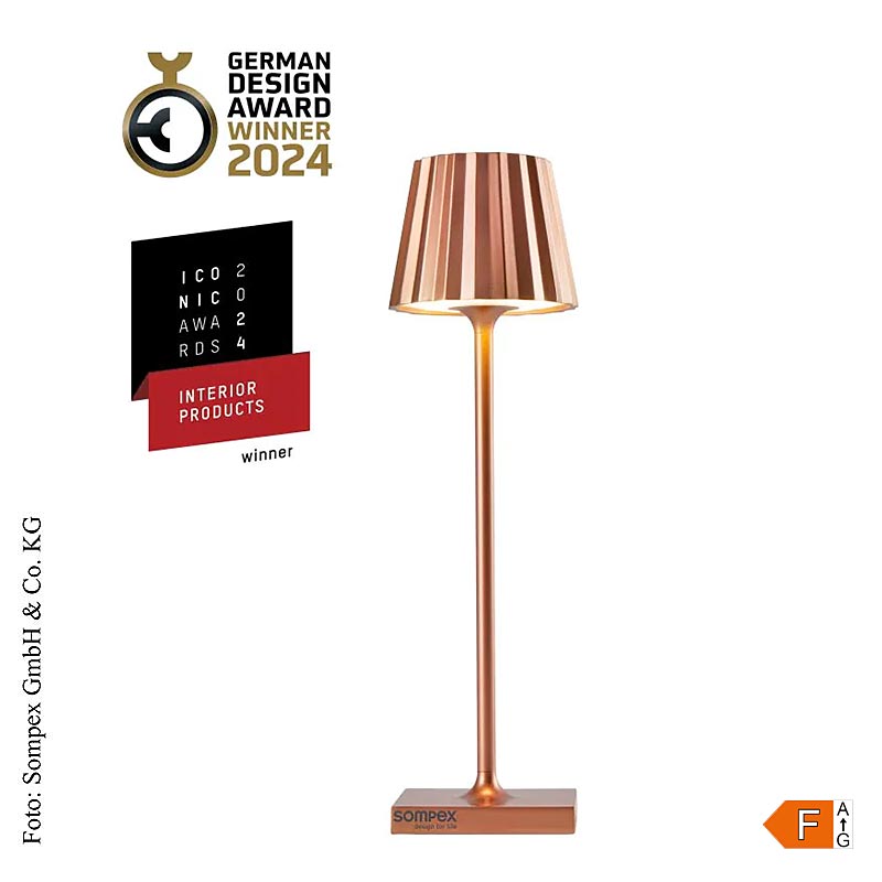 Outdoor TROLL NANO rechargeable battery operated table lamp, 21x6cm, aluminum, copper (78588)