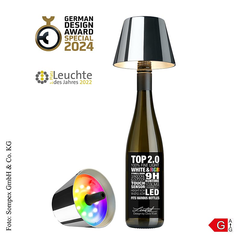 Modern Tafellamp TOP20 in chroom, 11x125cm, made of kunststof, with oplaadbare batterij, designed for flessen (72550)